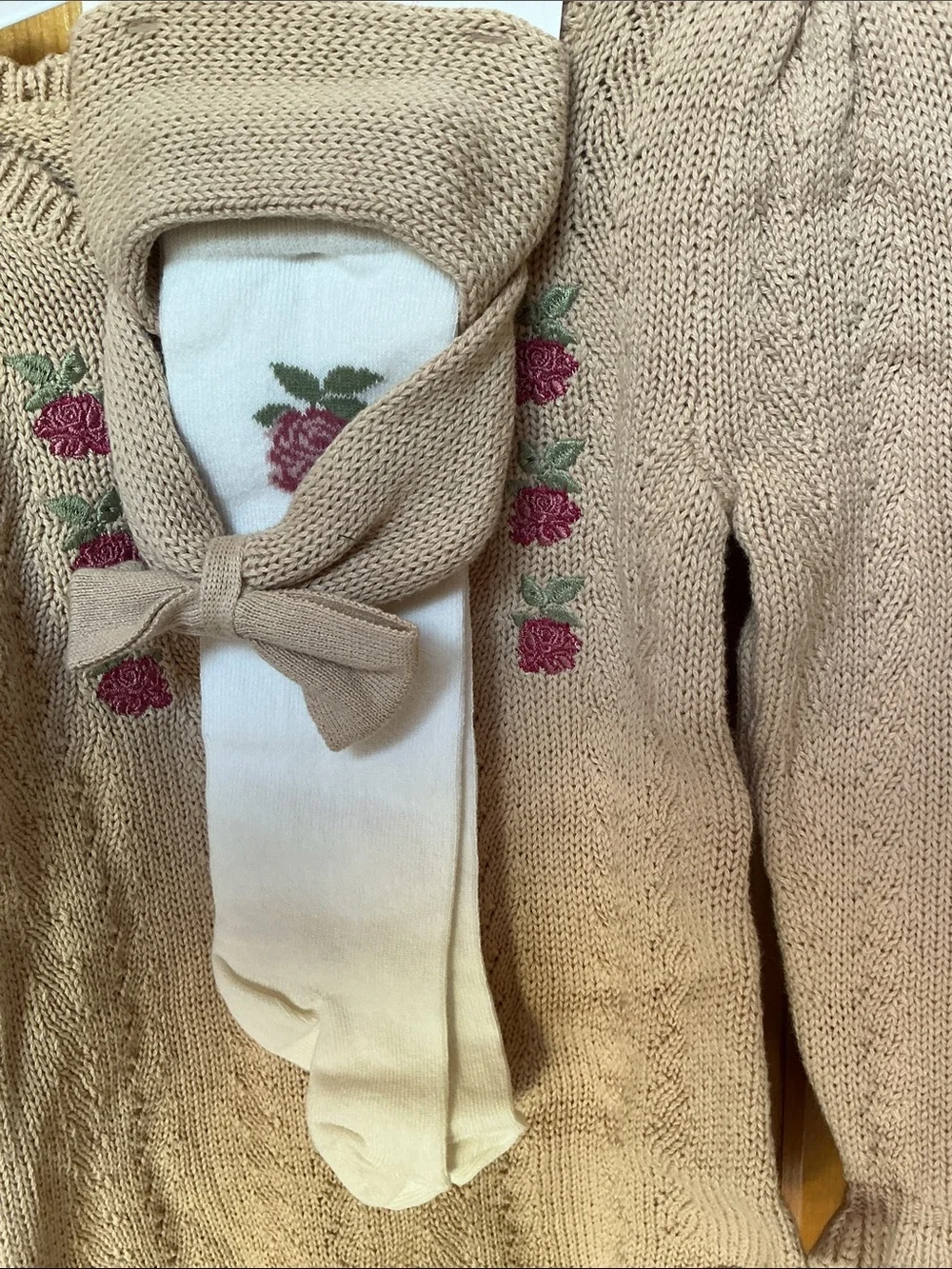 Nicole Miller Cream Knit Baby Sweater with Pink Rose Embroidery. NWT.